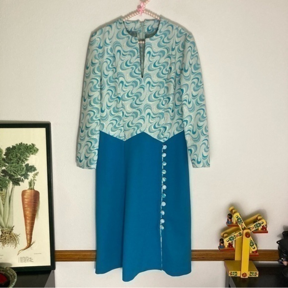 Vintage blue and silver patterned colorblock dress